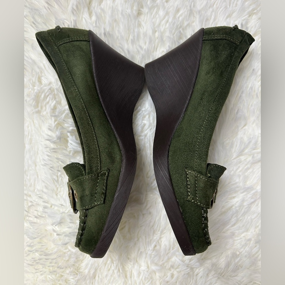 Vintage American Eagle Olive Green Suede Loafers w/ Brass Buckle — Women’s - Picture 3 of 7